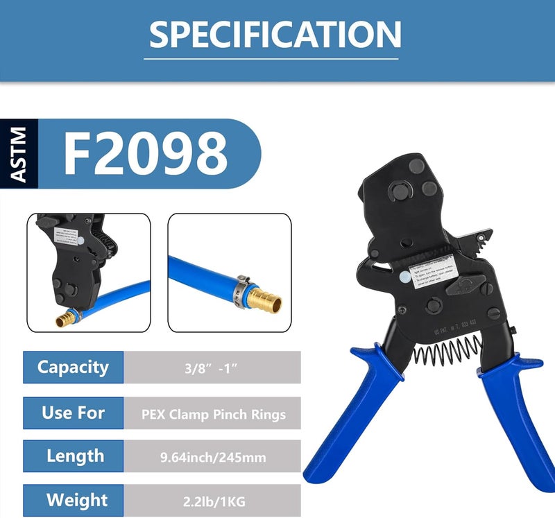 GUOFIS PEX Ratchet Cinch Clamp Tool for Stainless Steel Clamp Rings, One-Hand Ratchet Design Crimper Tool from 3/8", 1/2", 3/4", 5/8" and 1", ASTM2098 - Image 2